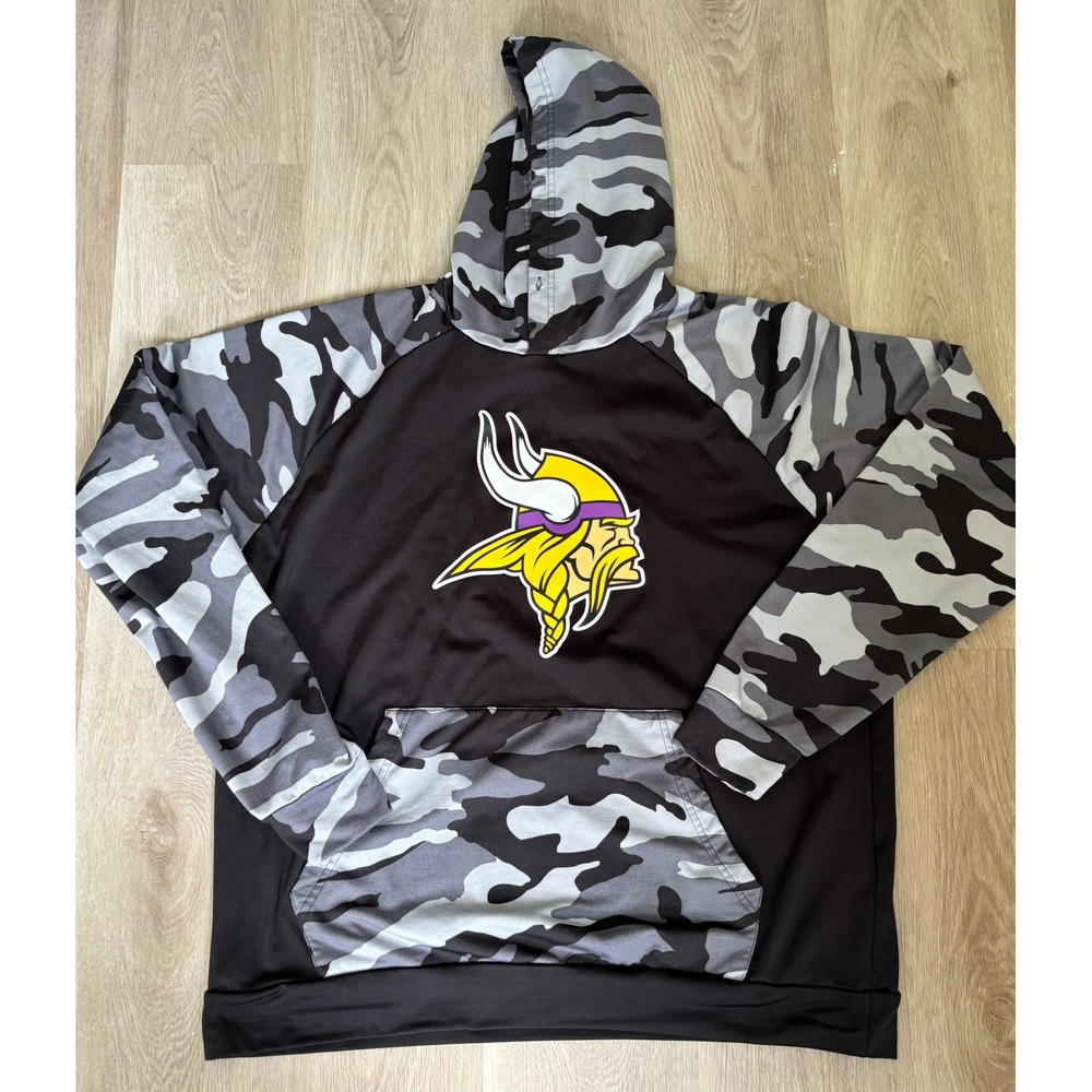 NFL Team Apparel Minnesota Vikings Hoodie Mens Camo Raglan Pullover Black Grey